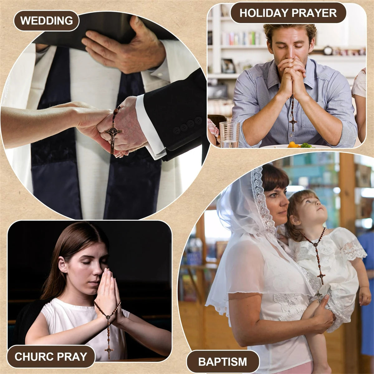 Images showing various religious ceremonies including a wedding, holiday prayer, church prayer, and baptism.