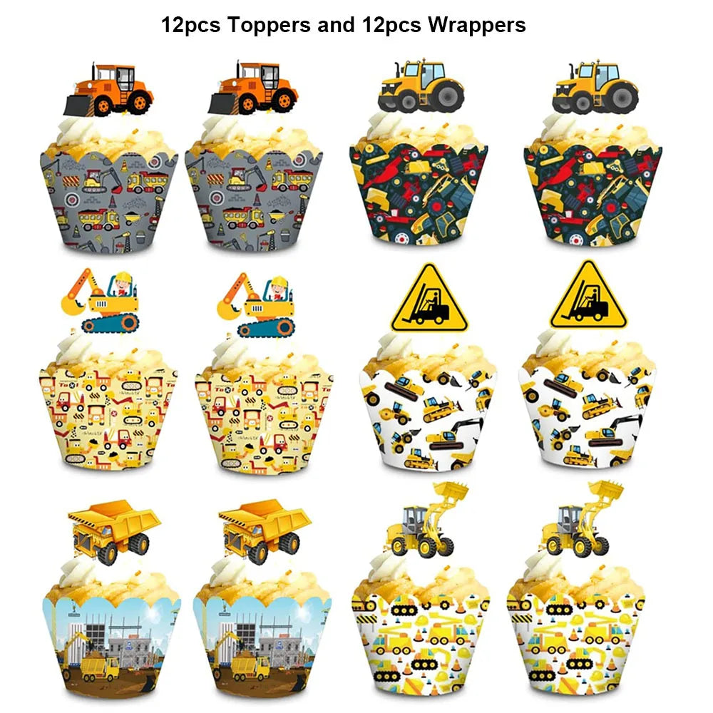 A set of 12 toppers and wrappers featuring construction vehicle themes for a birthday party.