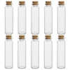 A row of decorative glass vials with cork stoppers, showing various clear glass bottles.