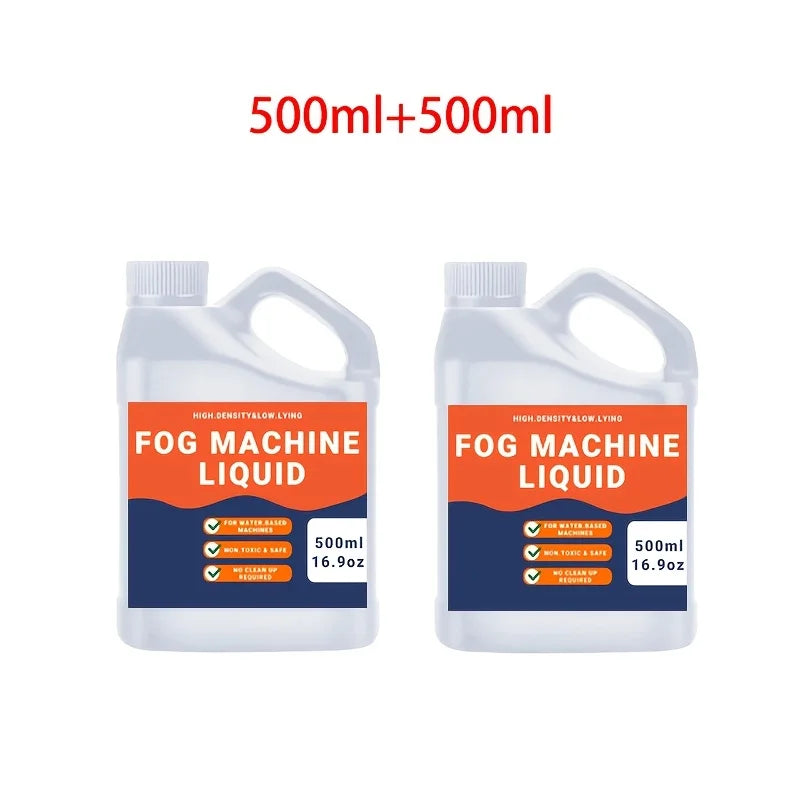 Two bottles of fog machine liquid, 500ml each, labeled for use with water based machines.