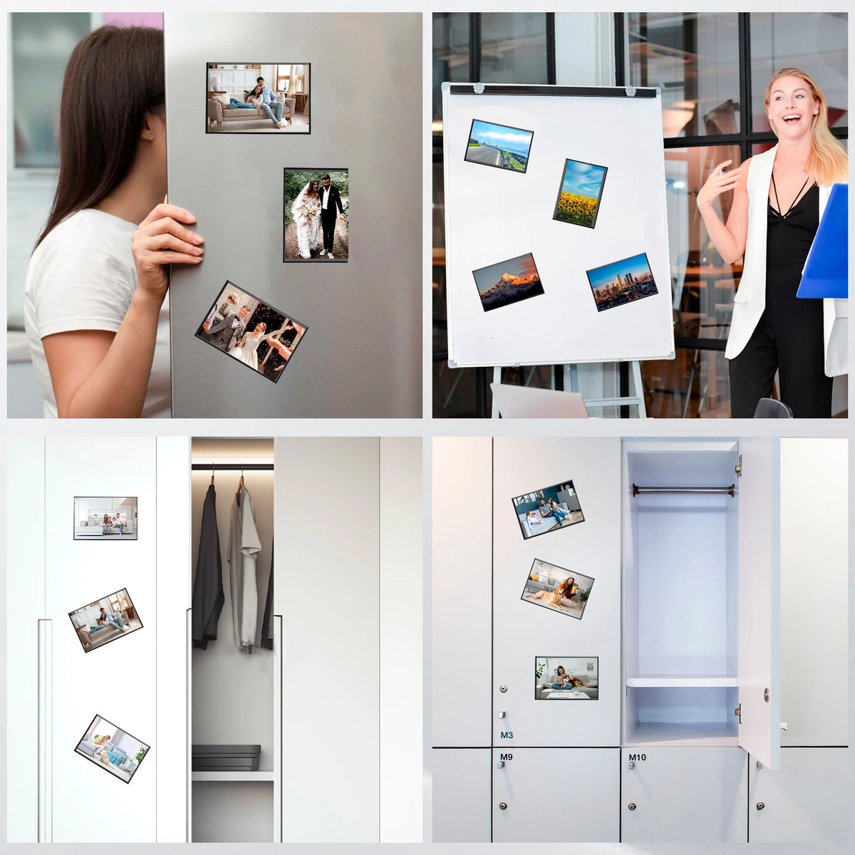A display showing magnetic picture frames on a refrigerator door and inside cabinet doors.