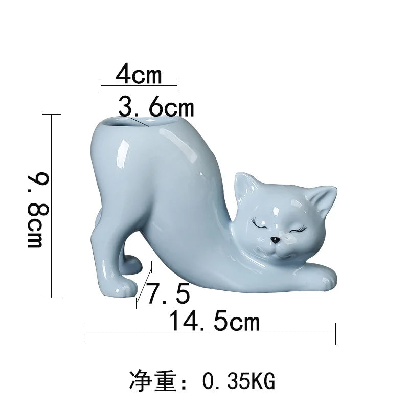 Light blue cartoon cat succulent planter featuring a sleeping tail design.