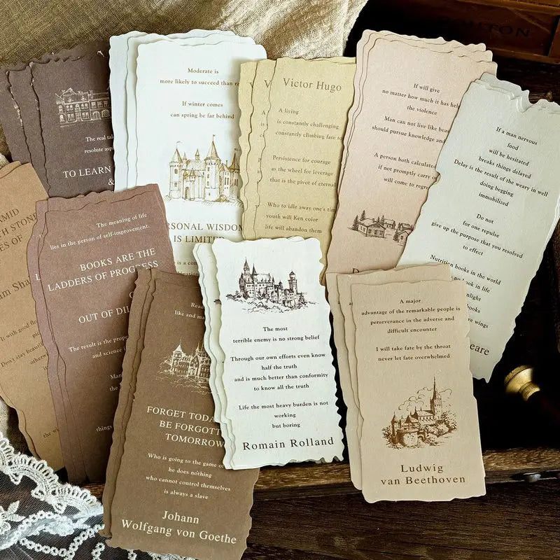 A collection of vintage old English manuscript decor paper sheets featuring historical quotes and illustrations.