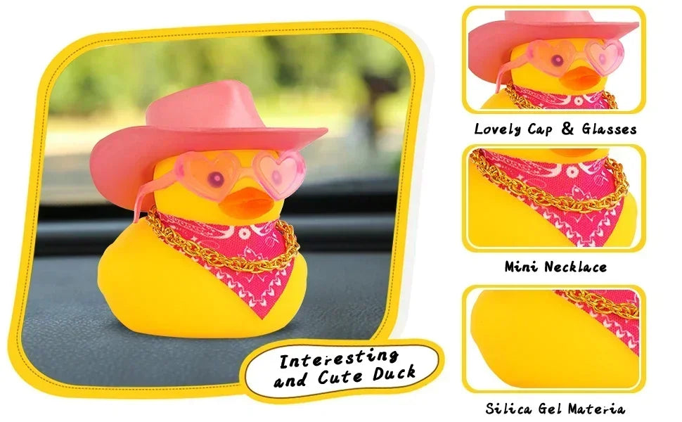 A yellow rubber duck with a pink cowboy hat, glasses, necklace, and silicone gel material decoration.