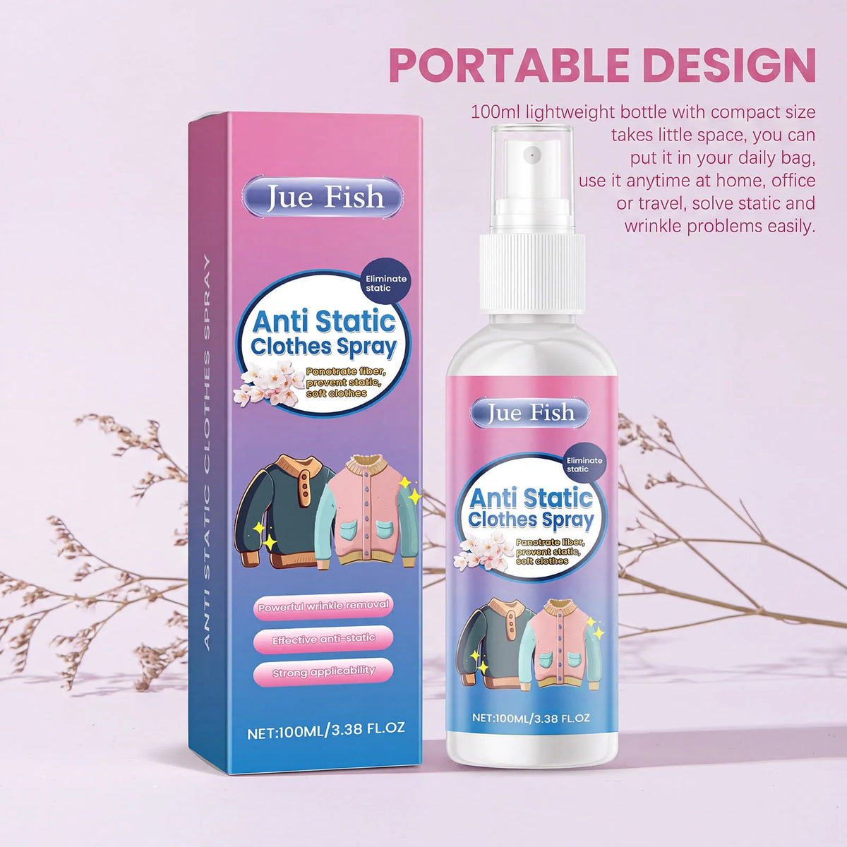 A bottle of Jue Fish Anti-Static Clothes Spray with a pink label and purple packaging.