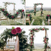 A close-up of a floral archway decorated with pink and red roses and greenery for a wedding backdrop.