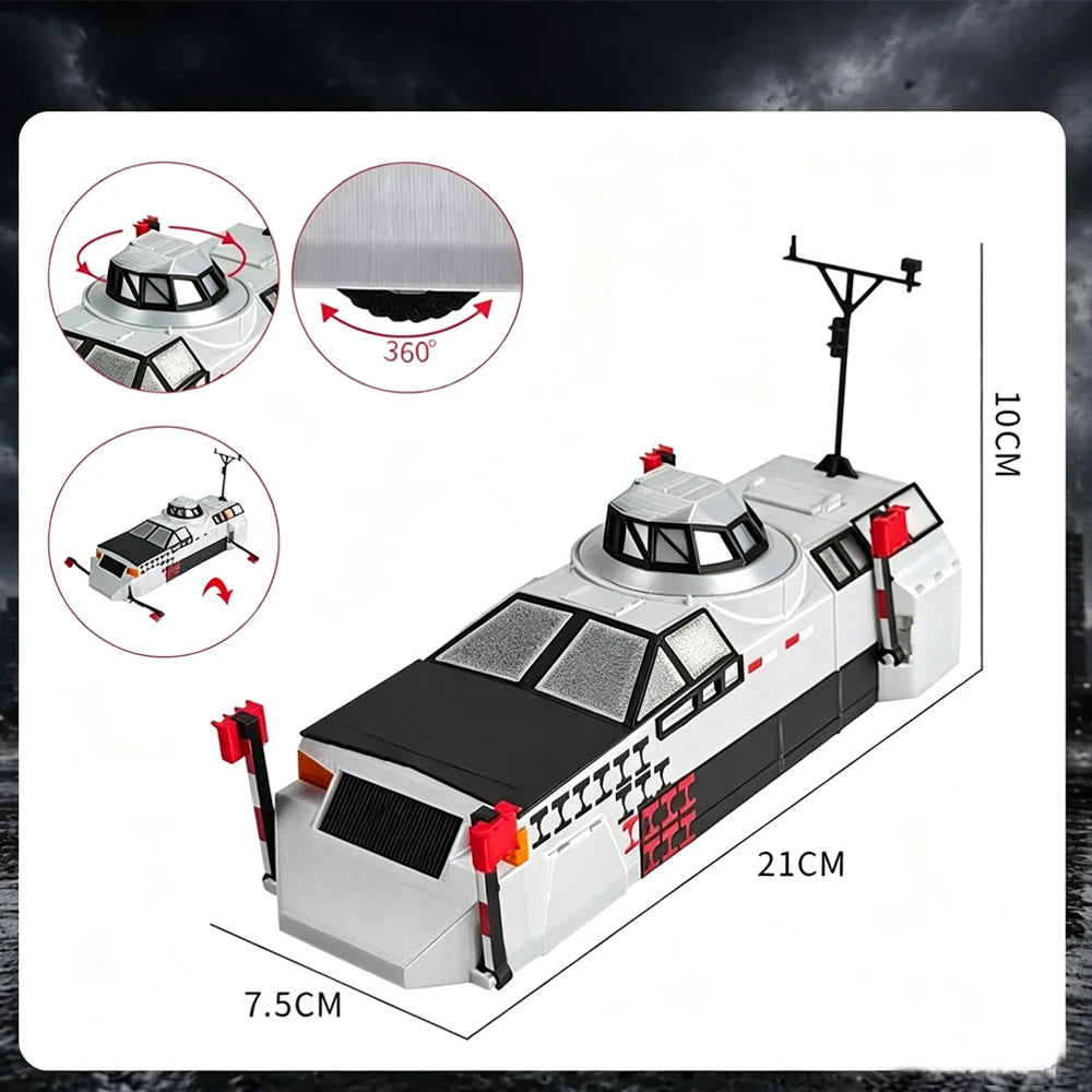 A white and black armored car model with a dome, shown from above and side views.