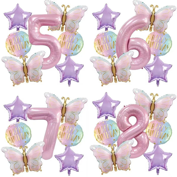 A set of seven pink butterfly number balloons shaped like the number five for a birthday party decor set.