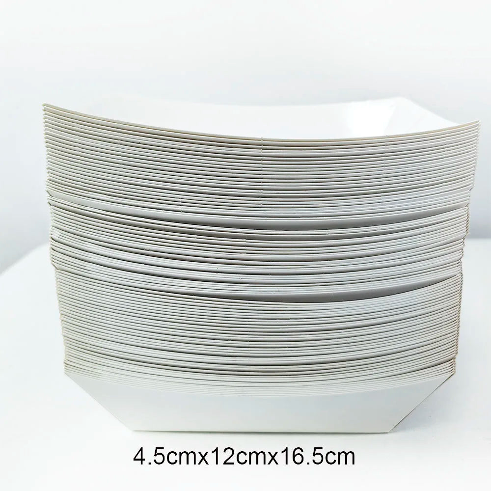 A stack of white disposable paper food trays, measuring 4.5cm x 12cm x 16.5cm.