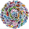 A circular arrangement of 56 vibrant monster truck decals and stickers for everyday gear.