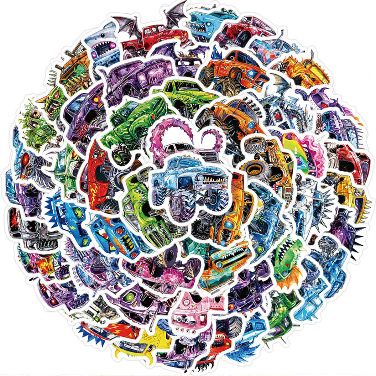 A circular arrangement of 56 vibrant monster truck decals and stickers for everyday gear.