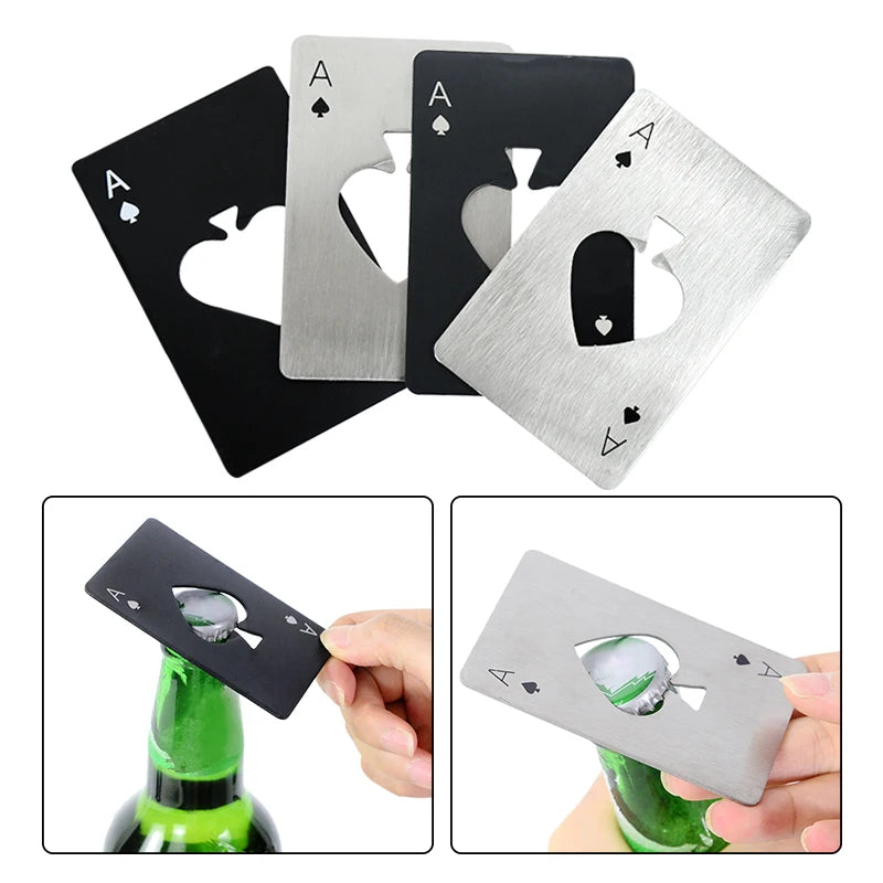 Spade shaped stainless steel bottle opener shown with a green bottle.