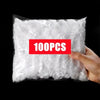 A hand holds a clear plastic bag filled with 100 reusable plastic food wrap covers.
