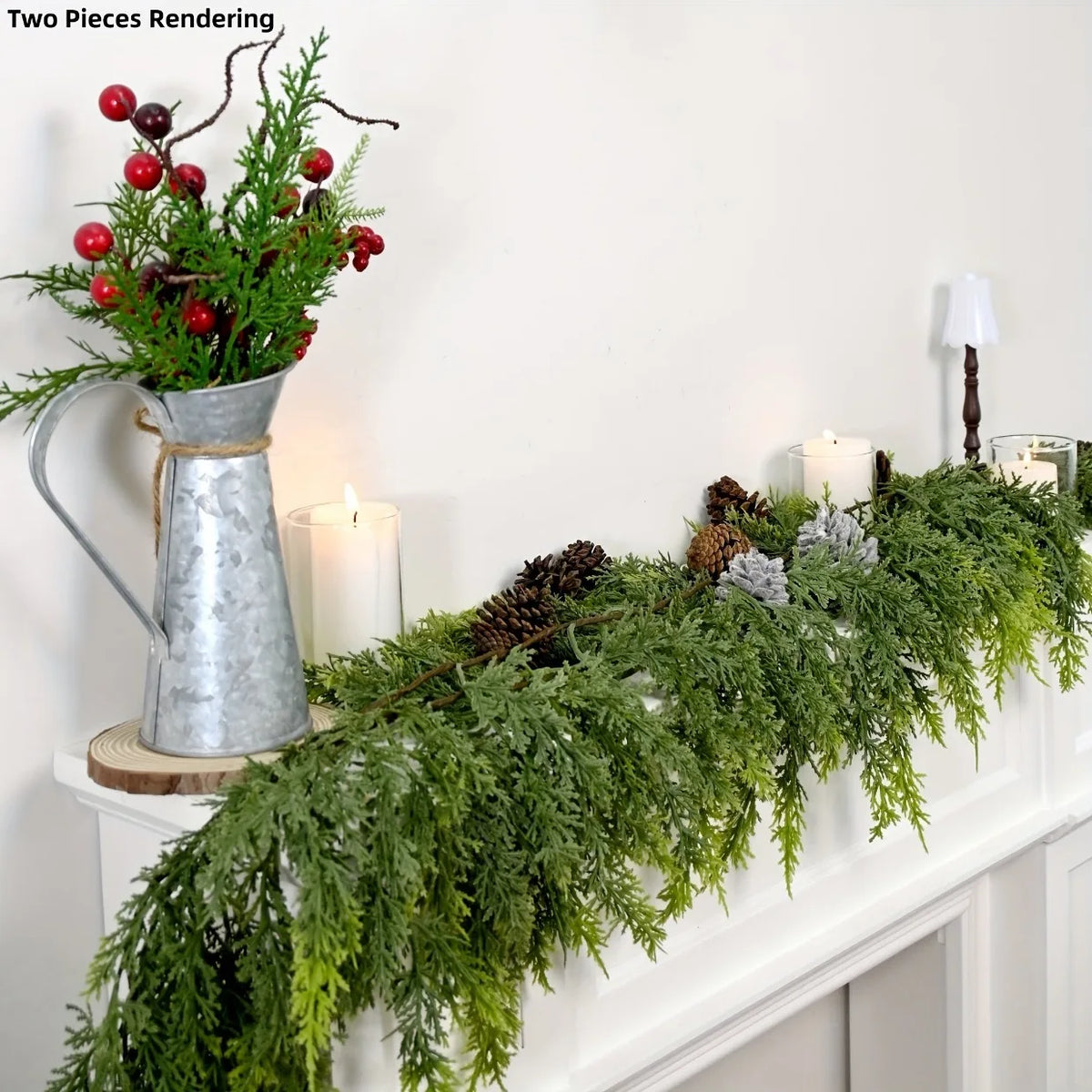Two pieces rendering of an extra long pine vine wreath for holiday decor with greenery and candles