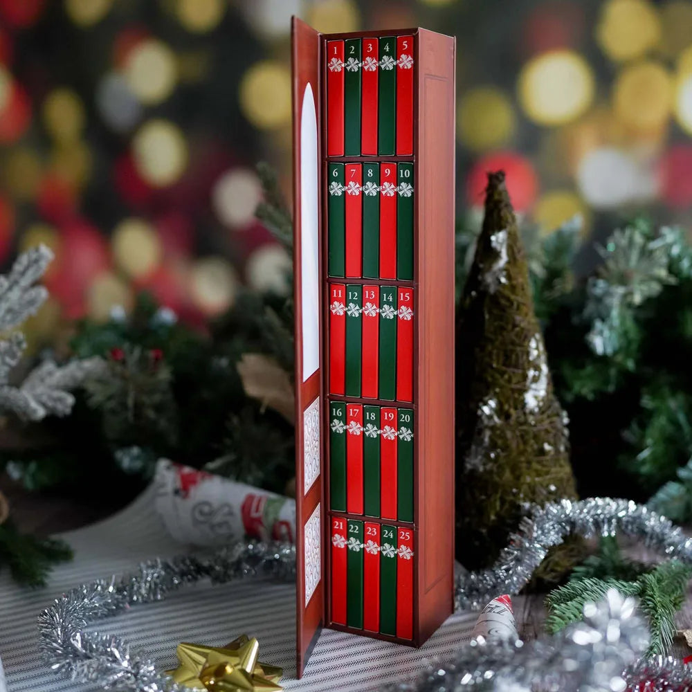 A vertical red advent calendar box showing numbered compartments with green ribbons and decorative ornaments.