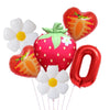 A set of six foil balloons shaped like a heart, strawberry, and flower in shades of red, orange, and white.