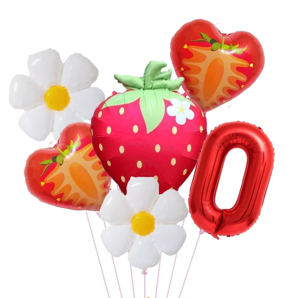 A set of six foil balloons shaped like a heart, strawberry, and flower in shades of red, orange, and white.