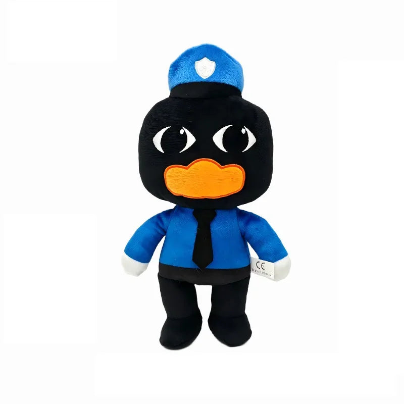 A plush toy of a dog with blue and black features, including a blue head, orange snout, and blue body.