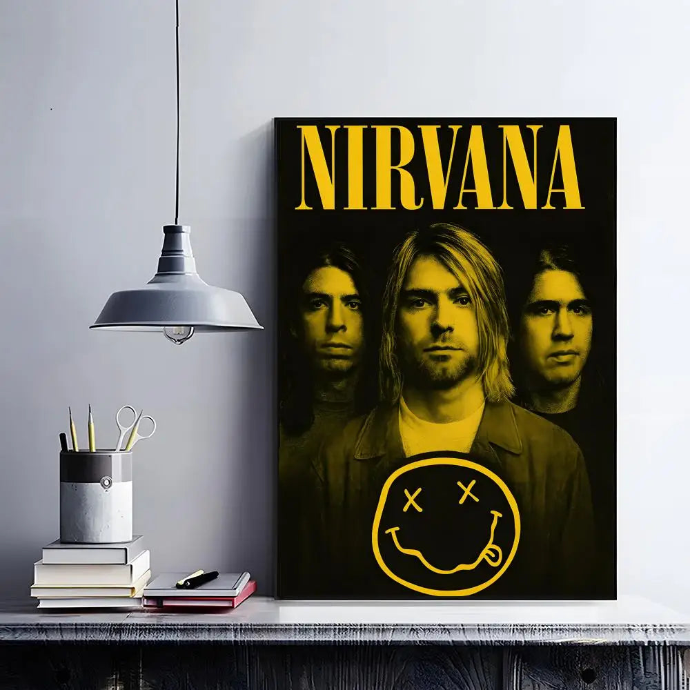A poster featuring the word NIRVANA in yellow text over a black and white image of the band members.