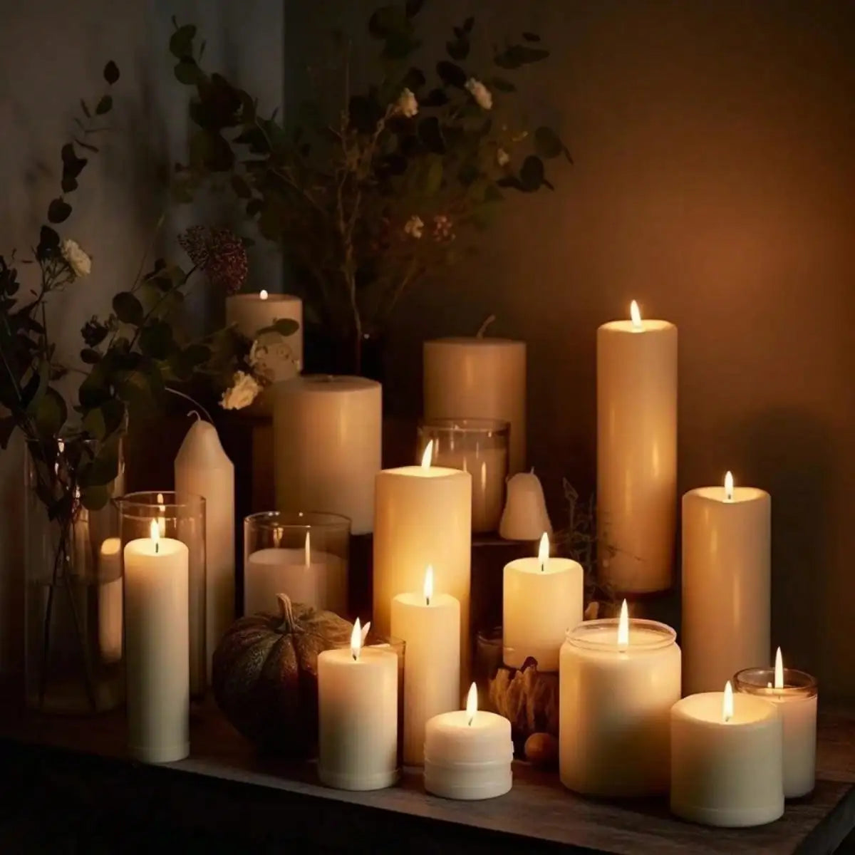 A collection of lit candles and natural greenery arranged on a dark wooden surface.
