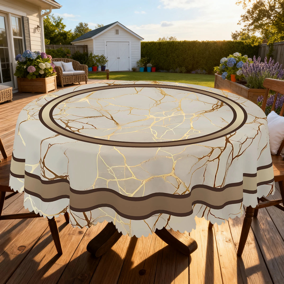 Farmhouse vintage marble stripe tablecloth in beige and gold on a round wooden table.