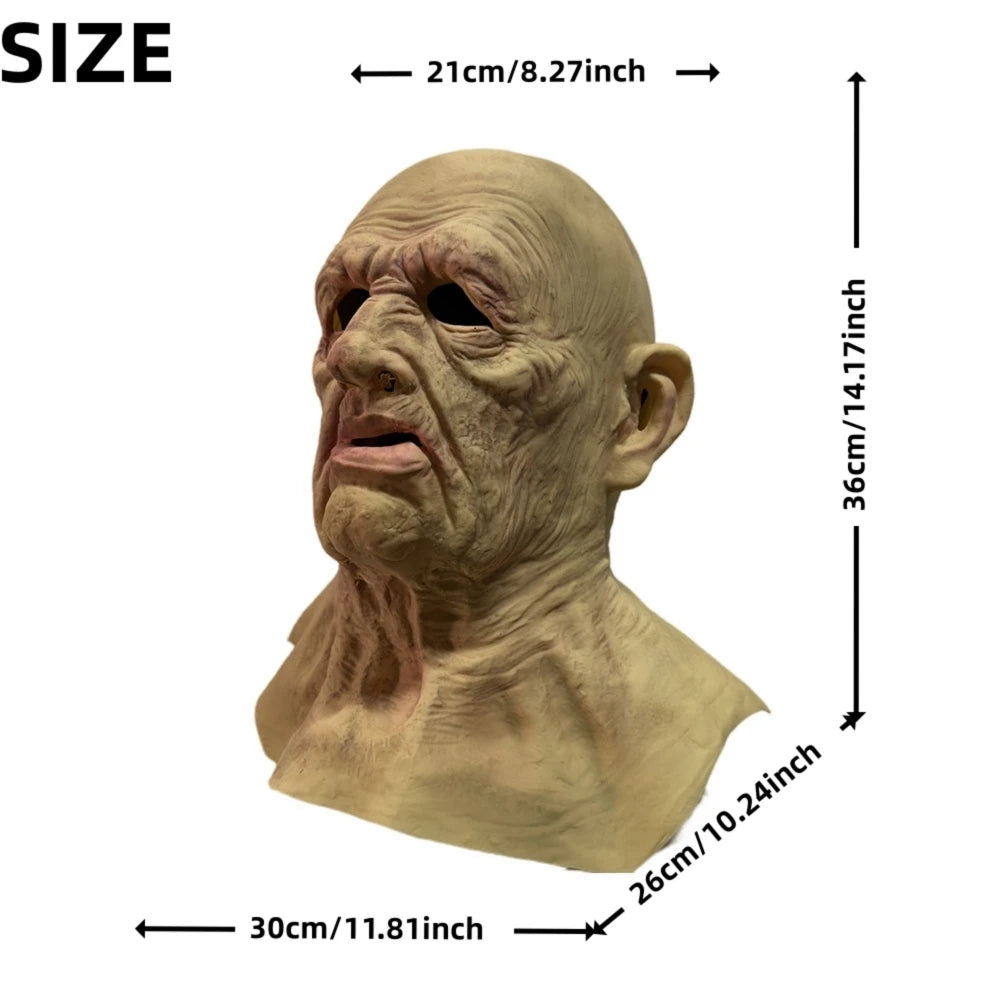 A realistic latex mask of an old man with a long neck shown with dimension lines.