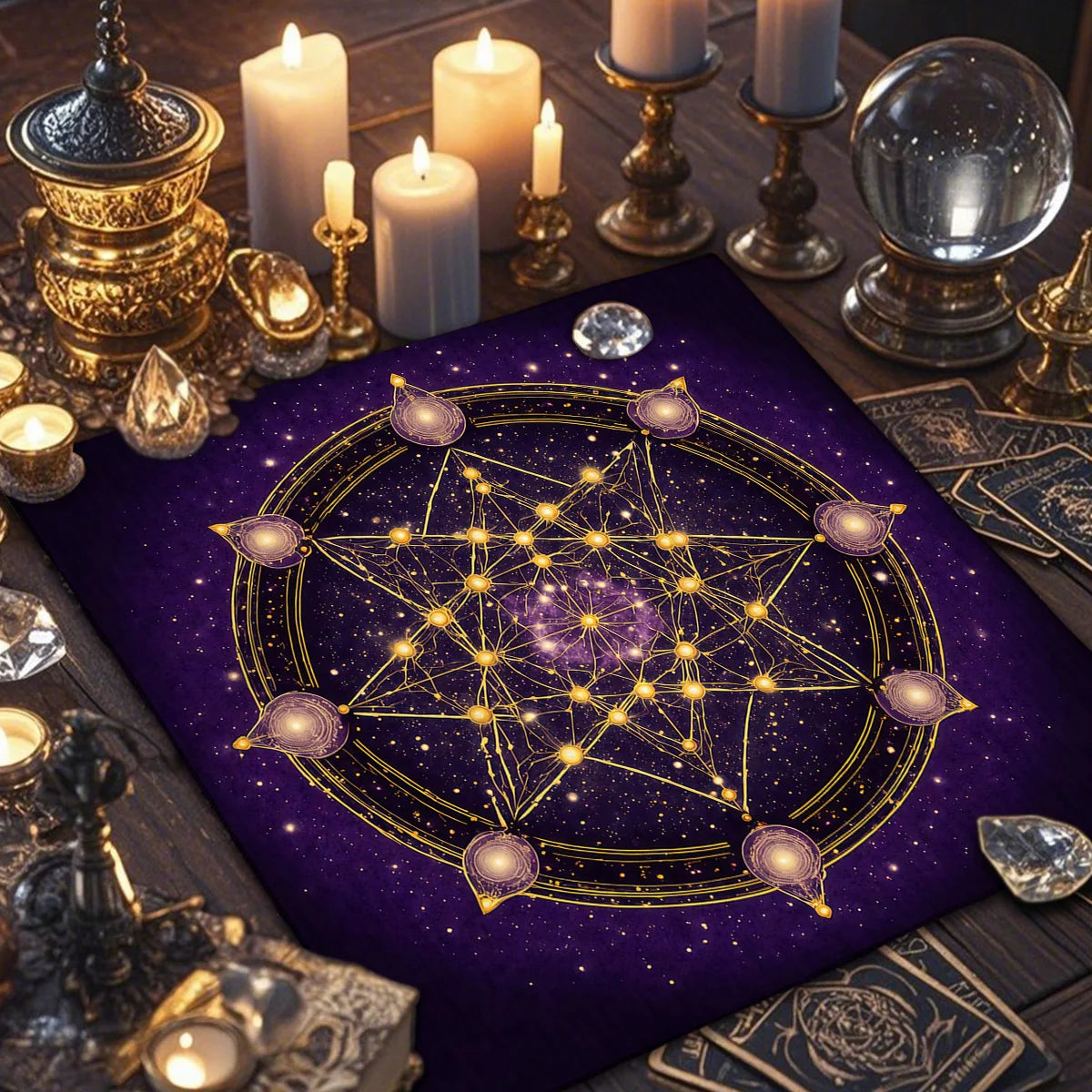 A dark purple altar cloth featuring a golden sacred geometry design for tarot and divination rituals.