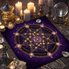 A dark purple altar cloth featuring a golden sacred geometry design for tarot and divination rituals.