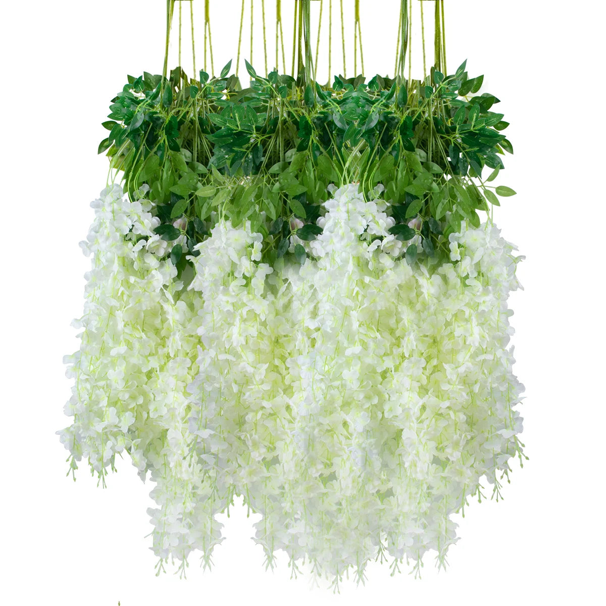 A hanging silk wisteria vine garland featuring green leaves and white flowers.