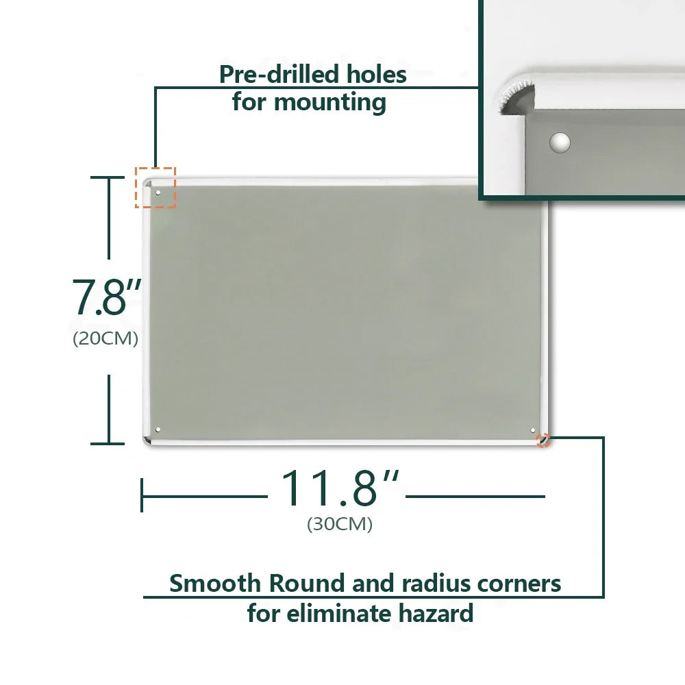 A rectangular metal tin sign with pre-drilled holes for mounting and smooth round corners.