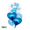 Five blue foil balloons, including a bear shape and heart shapes, for birthday or baby shower decorations.