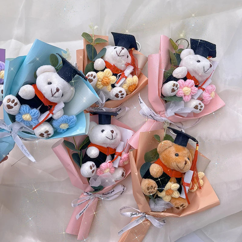 Handcrafted crochet flower bouquet featuring a teddy bear in a graduation cap
