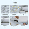 A set of thin self-adhesive tile stickers demonstrating waterproof, oilproof, DIY application, 3D effect, easy tear, and insu
