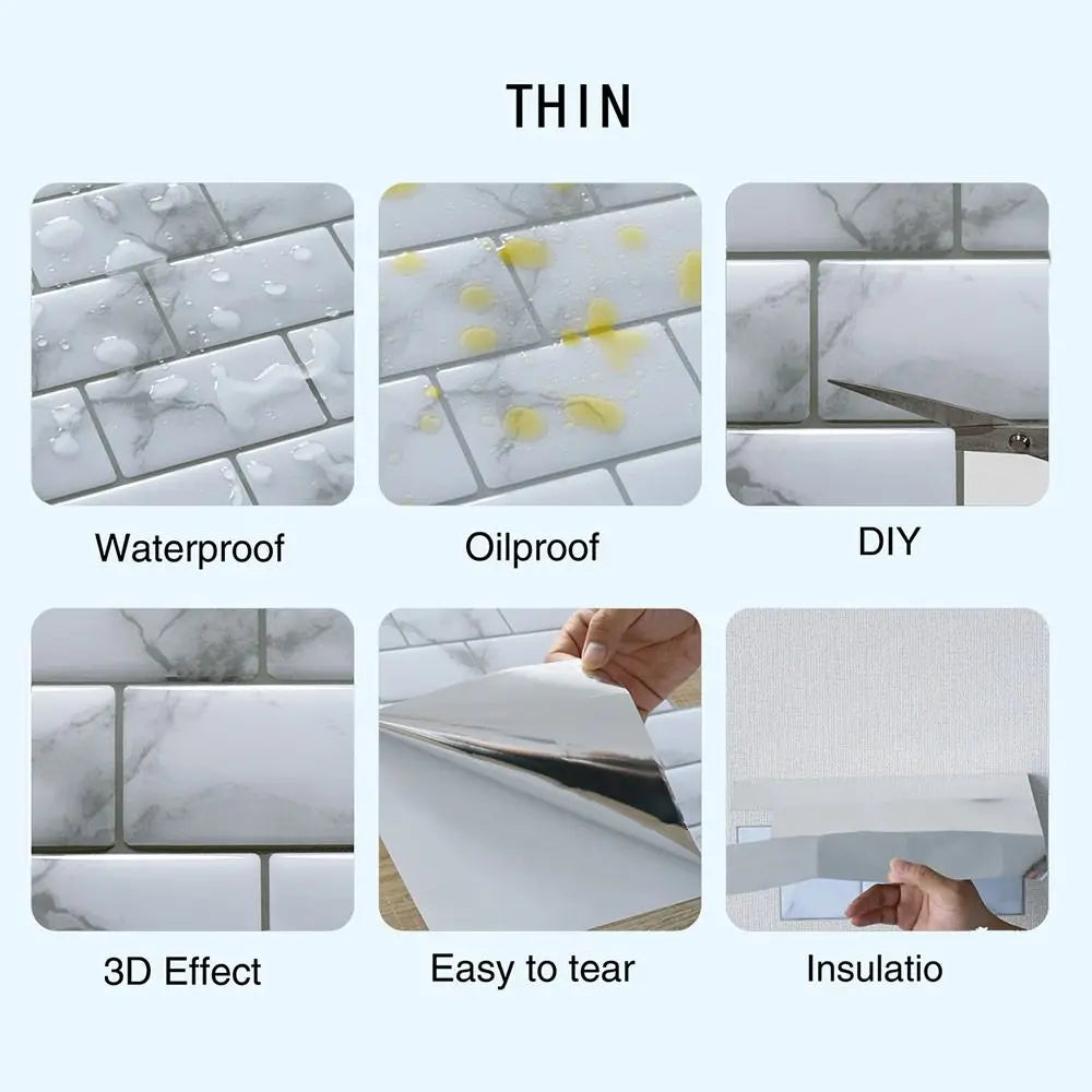 A set of thin self-adhesive tile stickers demonstrating waterproof, oilproof, DIY application, 3D effect, easy tear, and insu