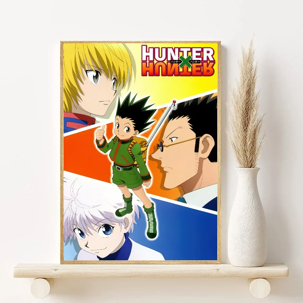 Canvas wall art featuring characters Gon, Killua, and Hisoka from Hunter x Hunter in a vibrant illustration.