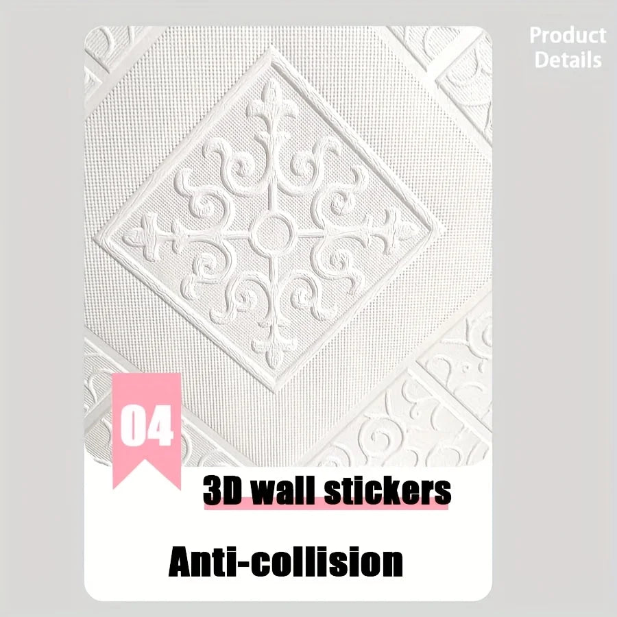 A close-up view of white 3D wall stickers featuring an ornate diamond pattern for anti-collision use.