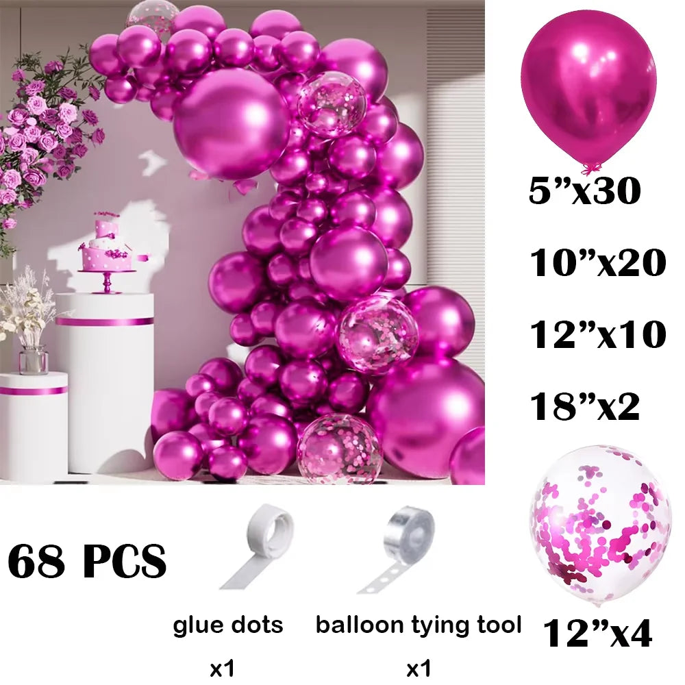 Metallic silver balloon garland arch kit featuring pink confetti accents and tools