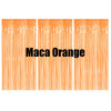 Vertical strips of orange metallic foil fringe curtains used as a party backdrop decor.