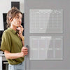 A woman stands next to a gray cabinet displaying monthly and weekly planner grids.