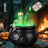 A dark cauldron filled with a green potion and a skull, emitting an eerie green glow and fog.
