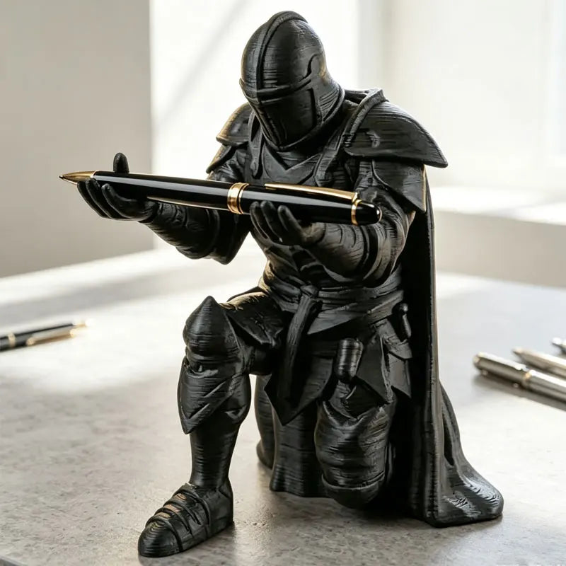 A dark, 3D printed medieval knight figure holding a pen, displayed on a gray surface.