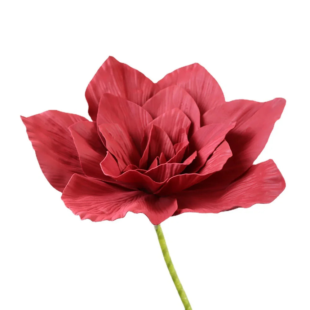 A vibrant, deep red peony-like rose flower with ruffled petals on a green stem.