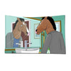 A cartoon drawing of a horse looking into a bathroom sink with a faucet.