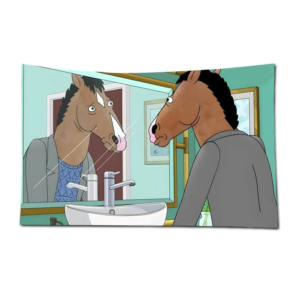 A cartoon drawing of a horse looking into a bathroom sink with a faucet.