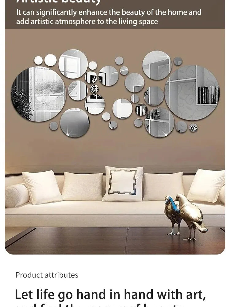 A wall decor set featuring various sized circular acrylic mirrors mounted on a beige wall above a modern sofa.