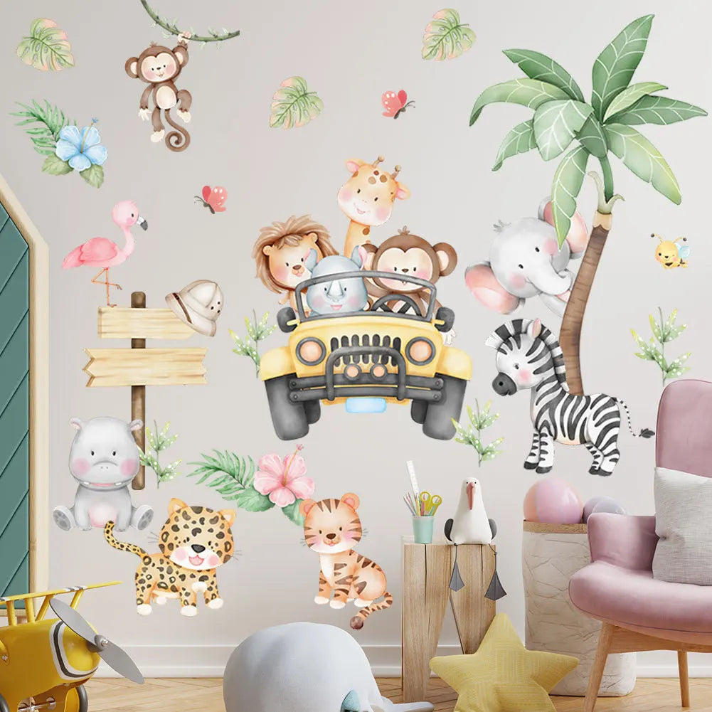 Wanddisplay mit süßen Tieraufklebern aus dem Wald: Affe, Elefant, Giraffe, Tiger und Zebra auf grauem Hintergrund