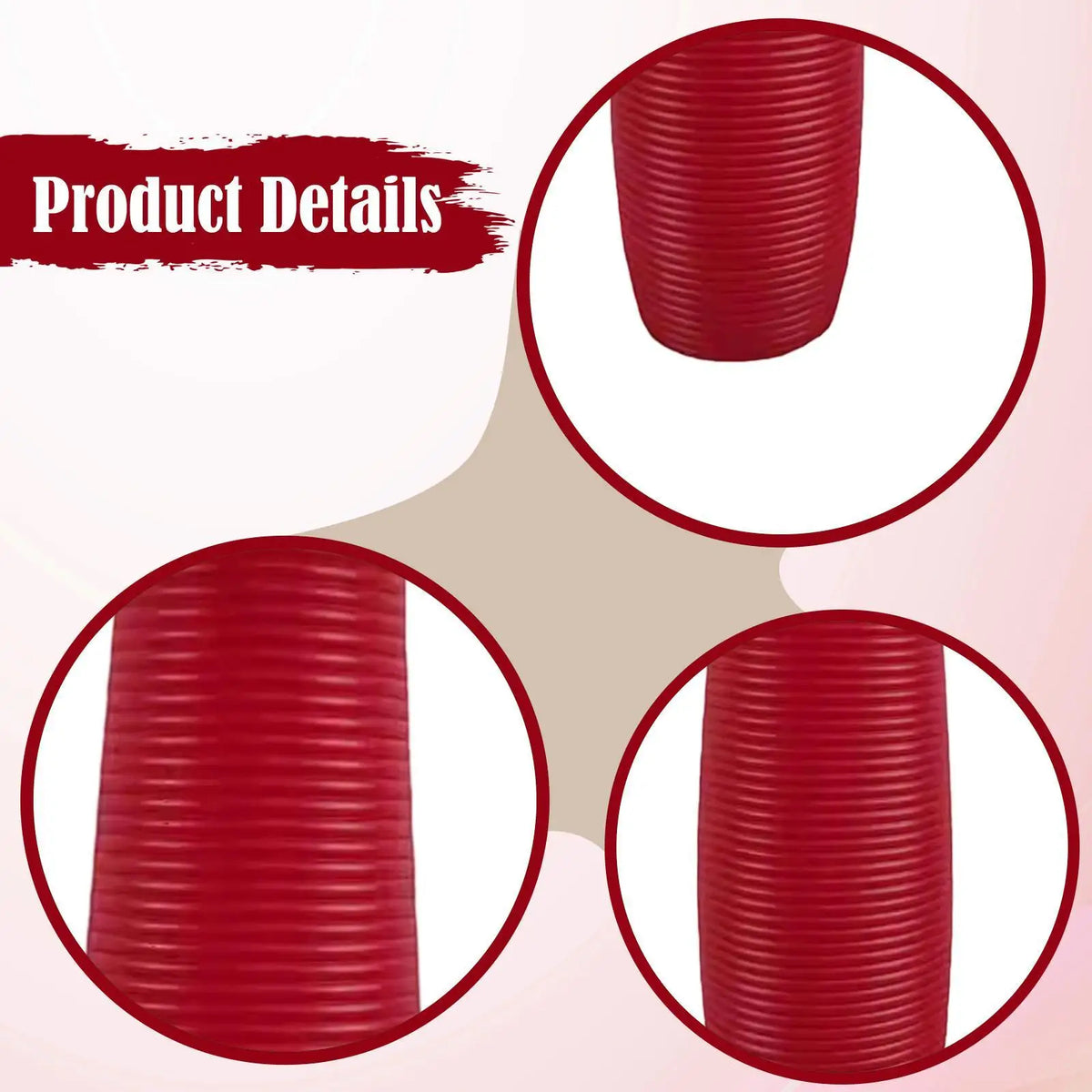 Three views of a red, cylindrical floor vase with vertical ridges for rustic home decor.