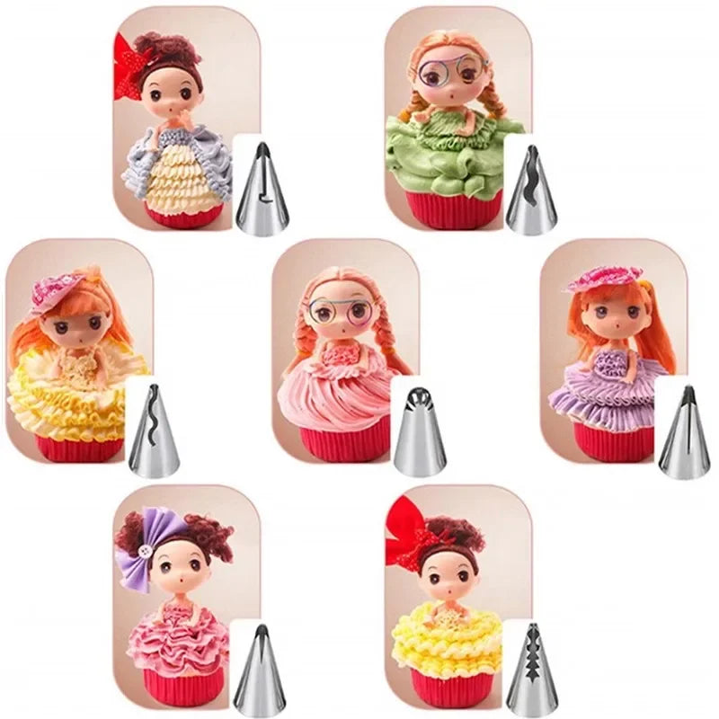 A set of Russian piping tips for cake decorating featuring various colors and shapes.