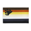 A horizontal rainbow pride flag banner featuring stripes of brown, orange, yellow, white, and dark blue/black, with a black p