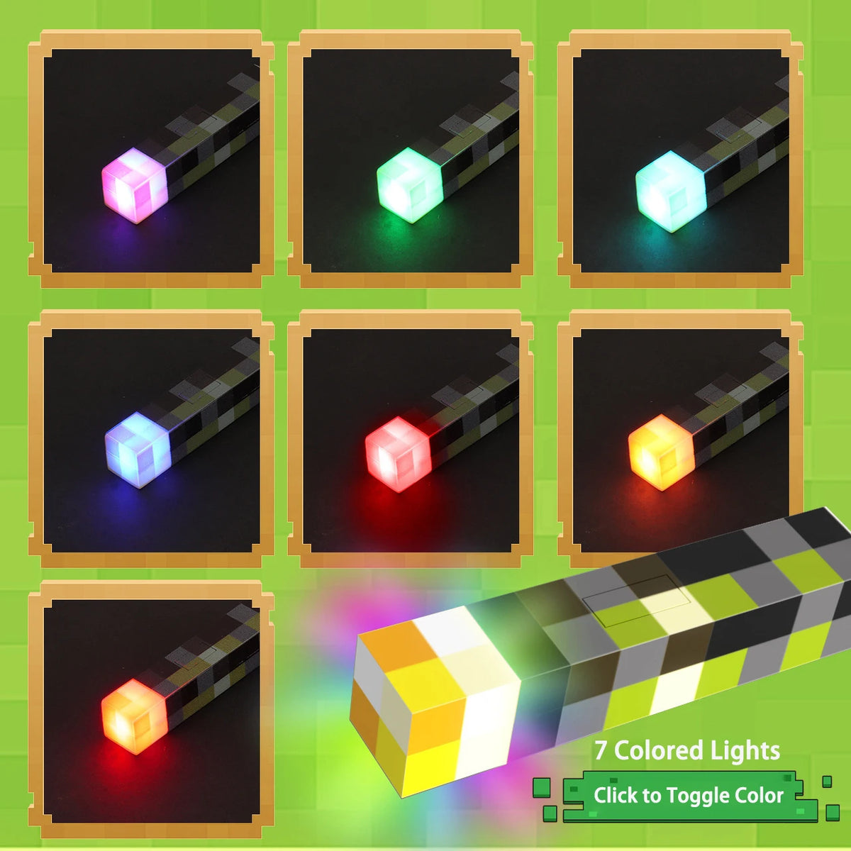 A set of seven colored lights displayed in pixel art format, showing various colors and light effects.